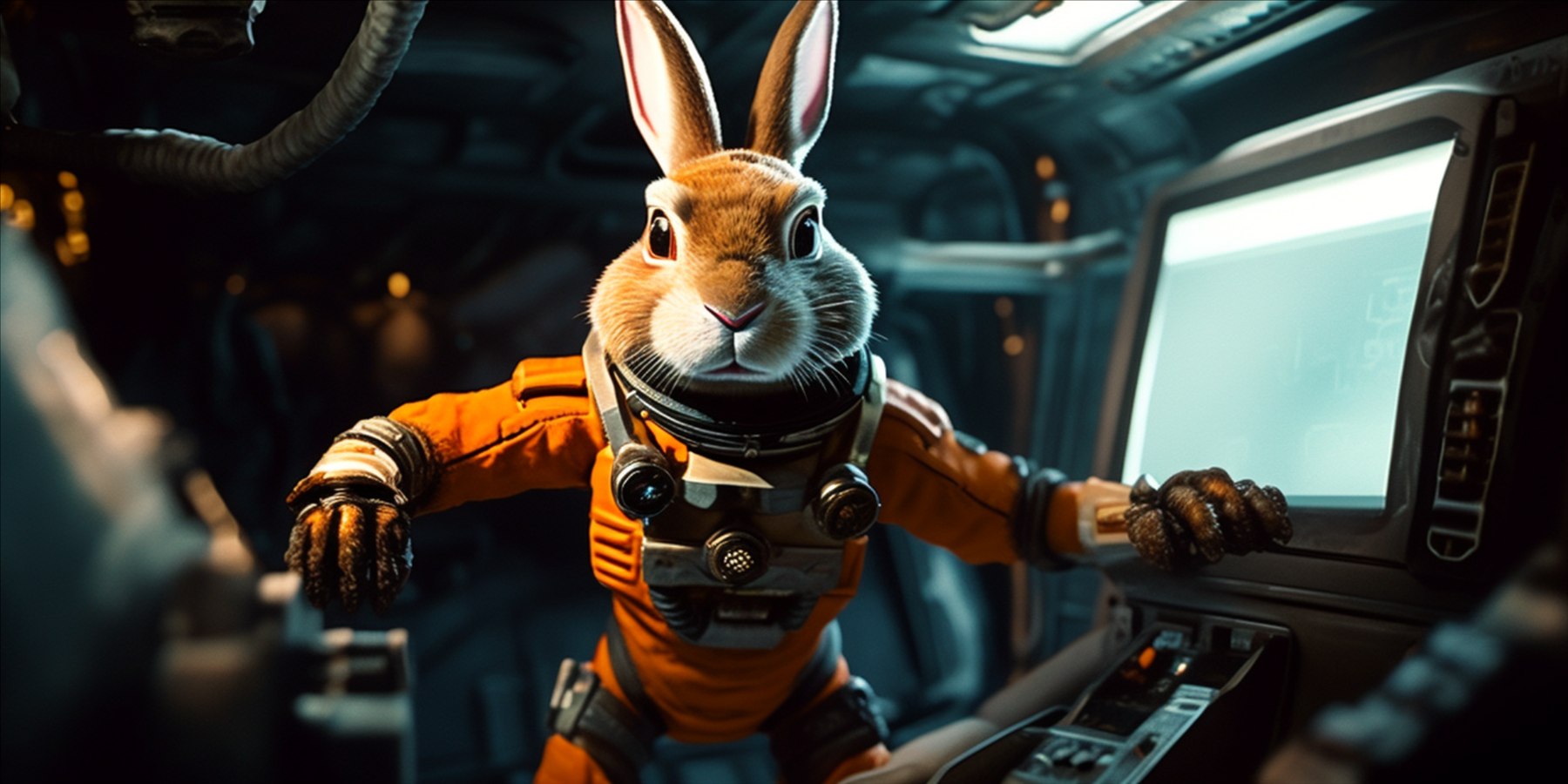 Cinematic storyboard frame featuring a space rabbit